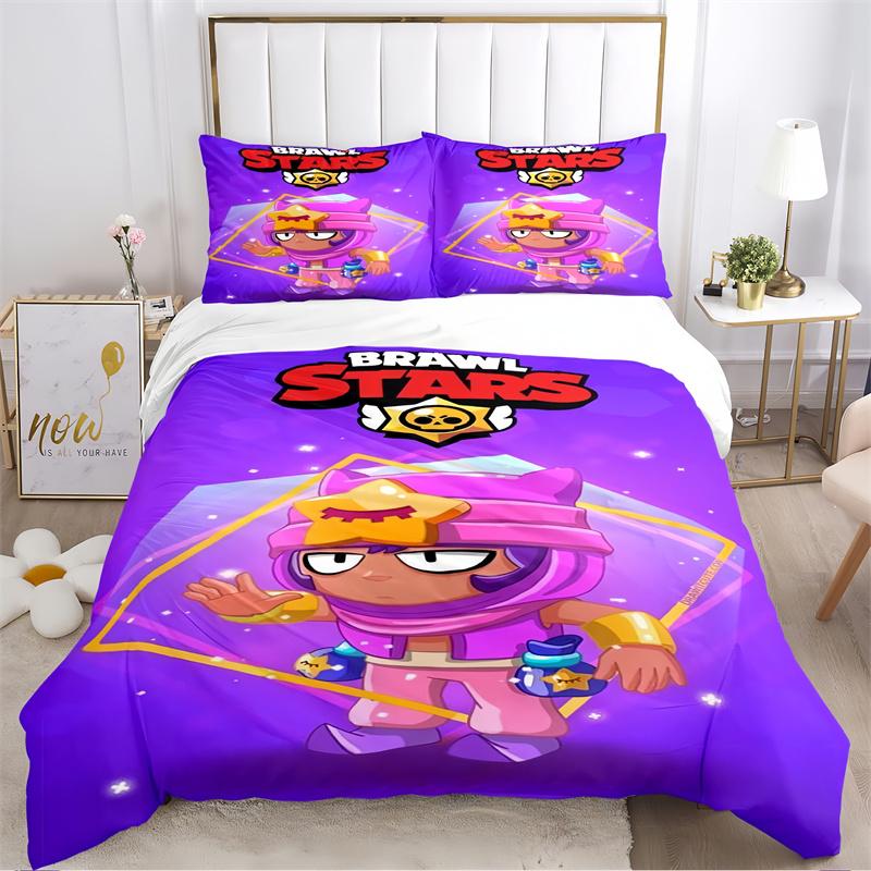 Cartoon Purple Character Print Bedding Set, Kids Game Themed Duvet Cover Set(1 * Duvet Cover + 2 * Pillowcase, Without Core)