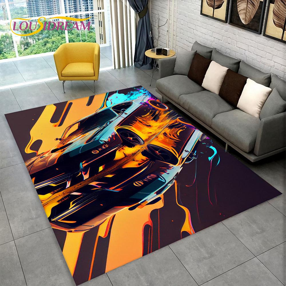 Großer Teppich mit Rennsportwagen-Motiv, Teppich für Zuhause, Wohnzimmer, Schlafzimmer, Sofa, Fußmatte, Dekoration, rutschfeste Bodenmatte für Kinder, Küche