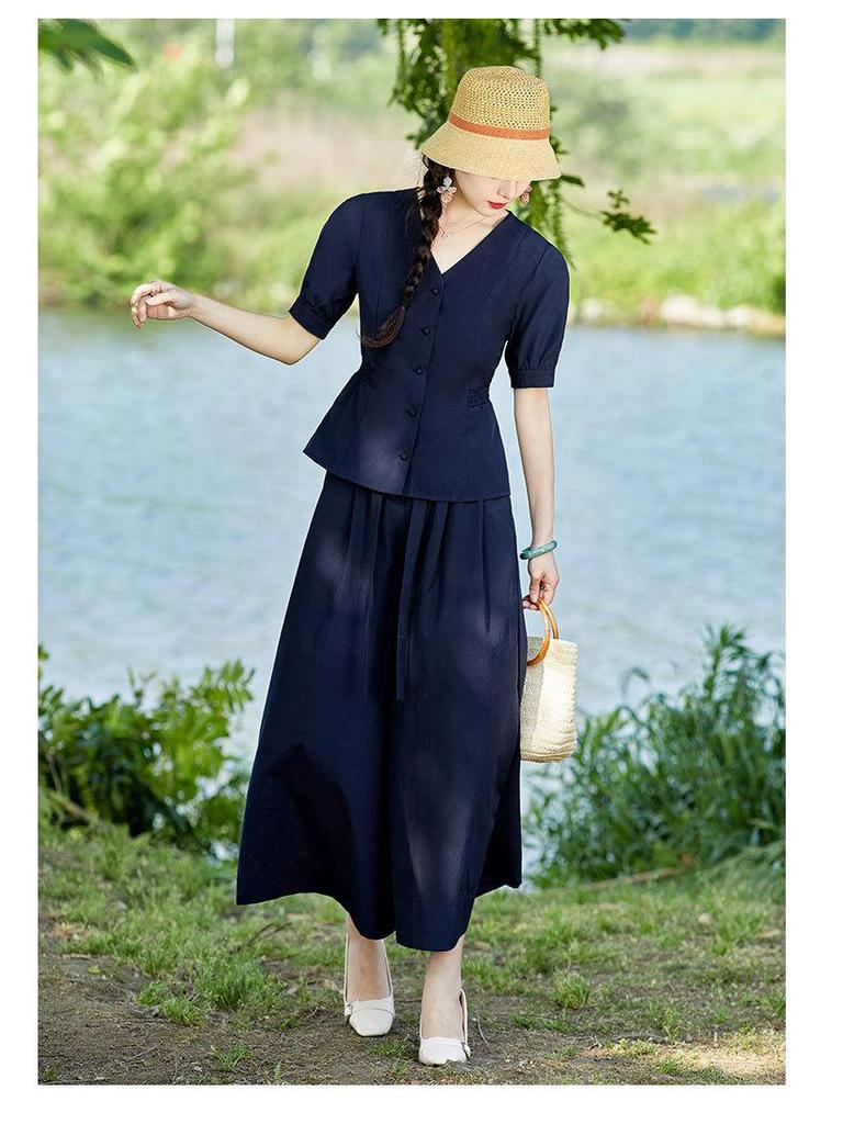 2023 Sommer Neu Elastischer Bund Weitbeiniger Rock Hose mit Bluse Zweiteiliges Set - Stil 9286