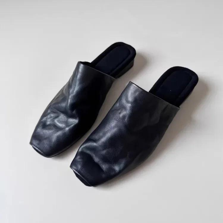 Retro Square Head Slip-On Mules Women's Summer Outdoor Wear French Casual Flat Head Sandals New  Fashion Rubber Upgraded Ver