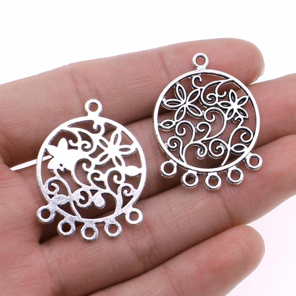 10pcs Round Earring Connector Charms For DIY Vintage Chandelier Earring Making Antique Silver Plated Findings Accessories