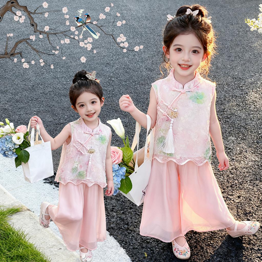 Hanfu Girls' Summer Lotus Vest Two-Piece Set