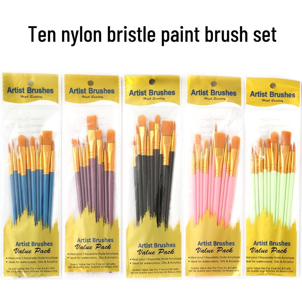 10-Piece Pearlescent Plastic Handle Nylon Hair Painting Brush Set for Kids - Ideal for Oil and Gouache Painting