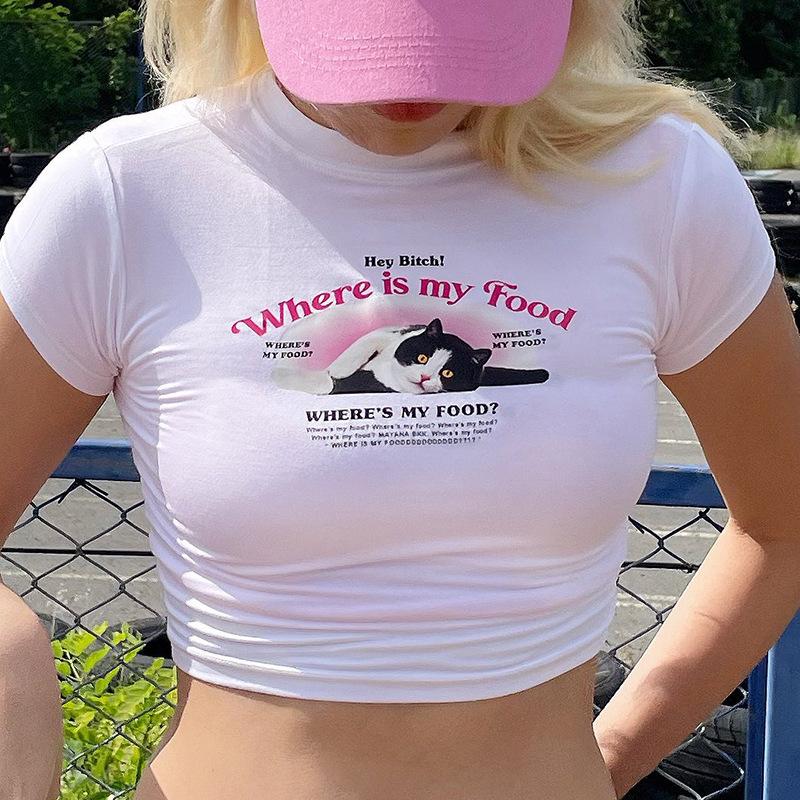 

Милая стильная футболка с круглым вырезом и милым питомцем, чужеродным котом для девочек, обтягивающая эластичная трикотажная футболка, подчеркивающая грудь