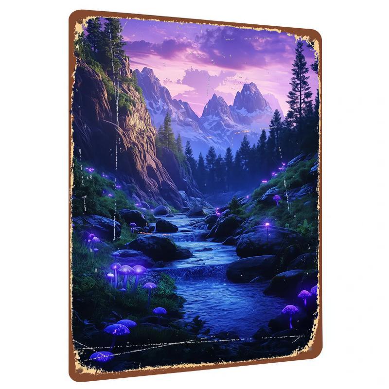 Enchanted Valley Glowing Mushroom Stream Scenery Custom Metal Tin Sign Home Decor Wall Art 20x30cm（7.8x11.8inch）