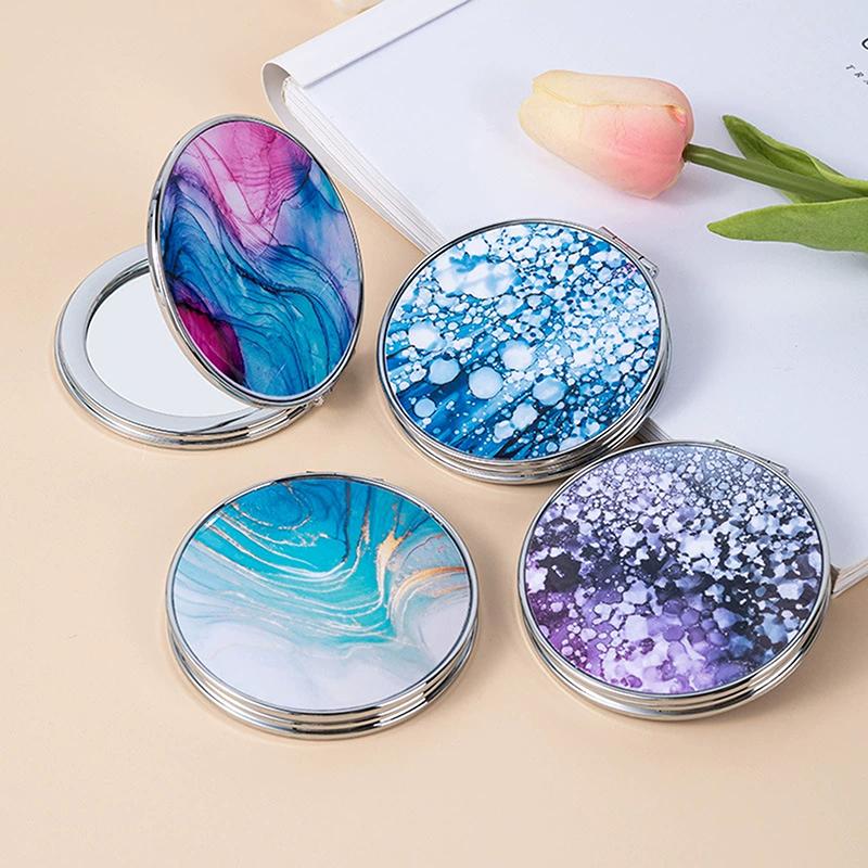 Streifenmuster Vintage Hand Damen Mini Kompakt Make-up Spiegel Tragbar Grün/Lila/Blau Taschenspiegel