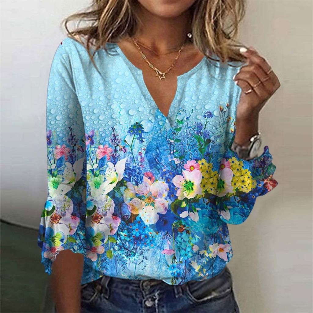 Women's Fashion Top Casual V-neck Printed Blouses Bell 3/4 Sleeve T-shirt
