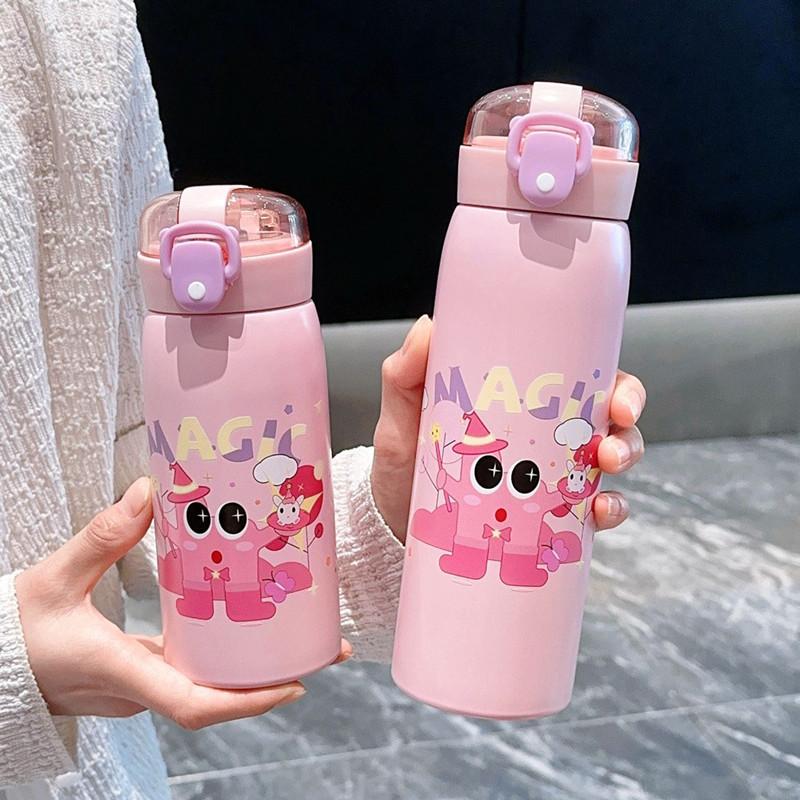 350ml/500ml Cartoon Stainless Steel Vacuum Flask With Straw Portable Cute Kids Thermos Mug Travel Thermal Water Bottle Tumbler