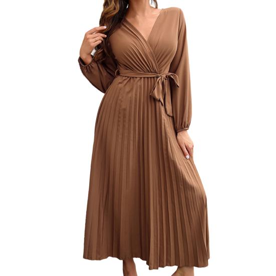 

Платье А-силуэта макси с V-образным вырезом, длинными рукавами-фонариками, поясом на талии, осеннее, простого чистого цвета, с плиссированным подолом, женская одежда L кофейный