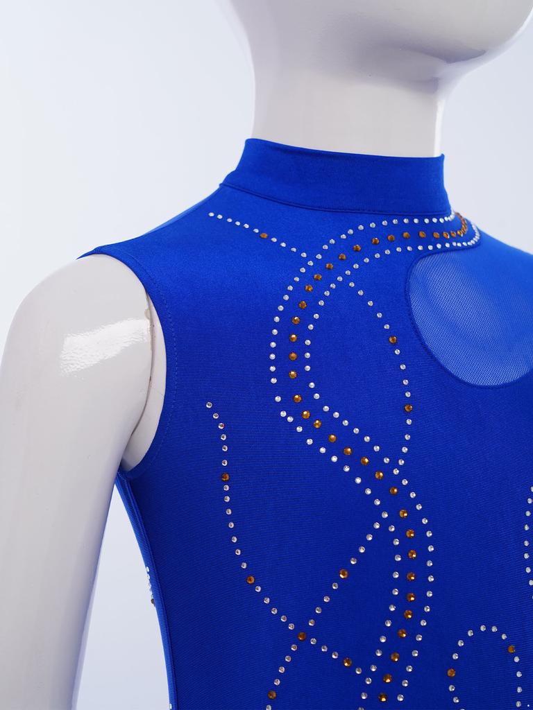 Girls Dance Bodysuit Sparkly Rhinestones Sheer Mesh Patchwork Full Body Performance Wear