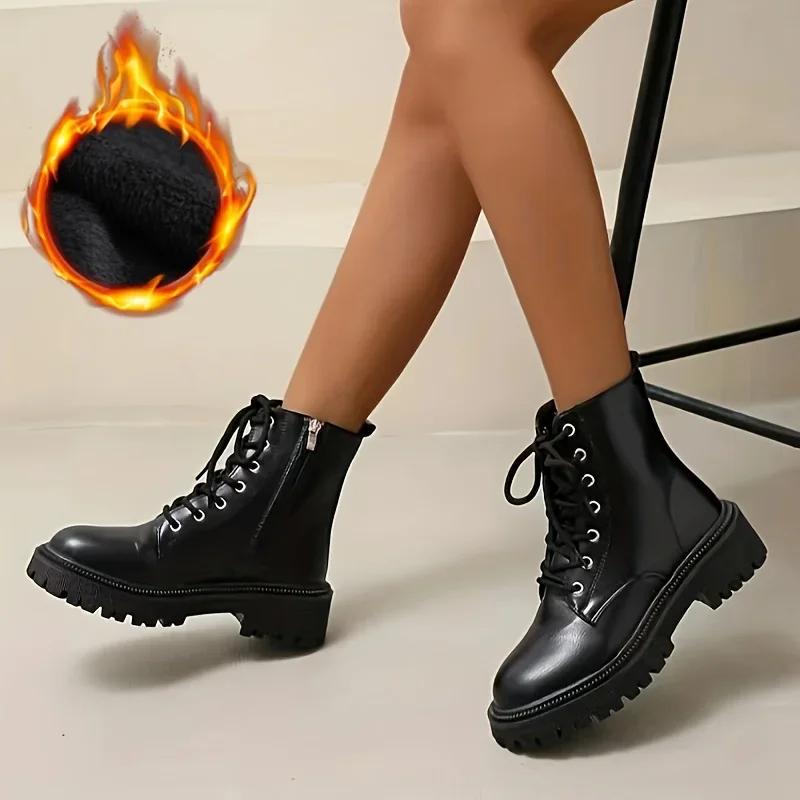 Cizme cu platformă pentru femei, pluș scurt, culoare solidă, cu șireturi, cu fermoar lateral, botine, pantofi de iarnă pentru femei 2024, mărime mare 42, pantofi de damă