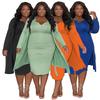 Plus Size Women's Bodycon Midi Dress & Open Front Long Cardigan Set, Two Piece Outfit