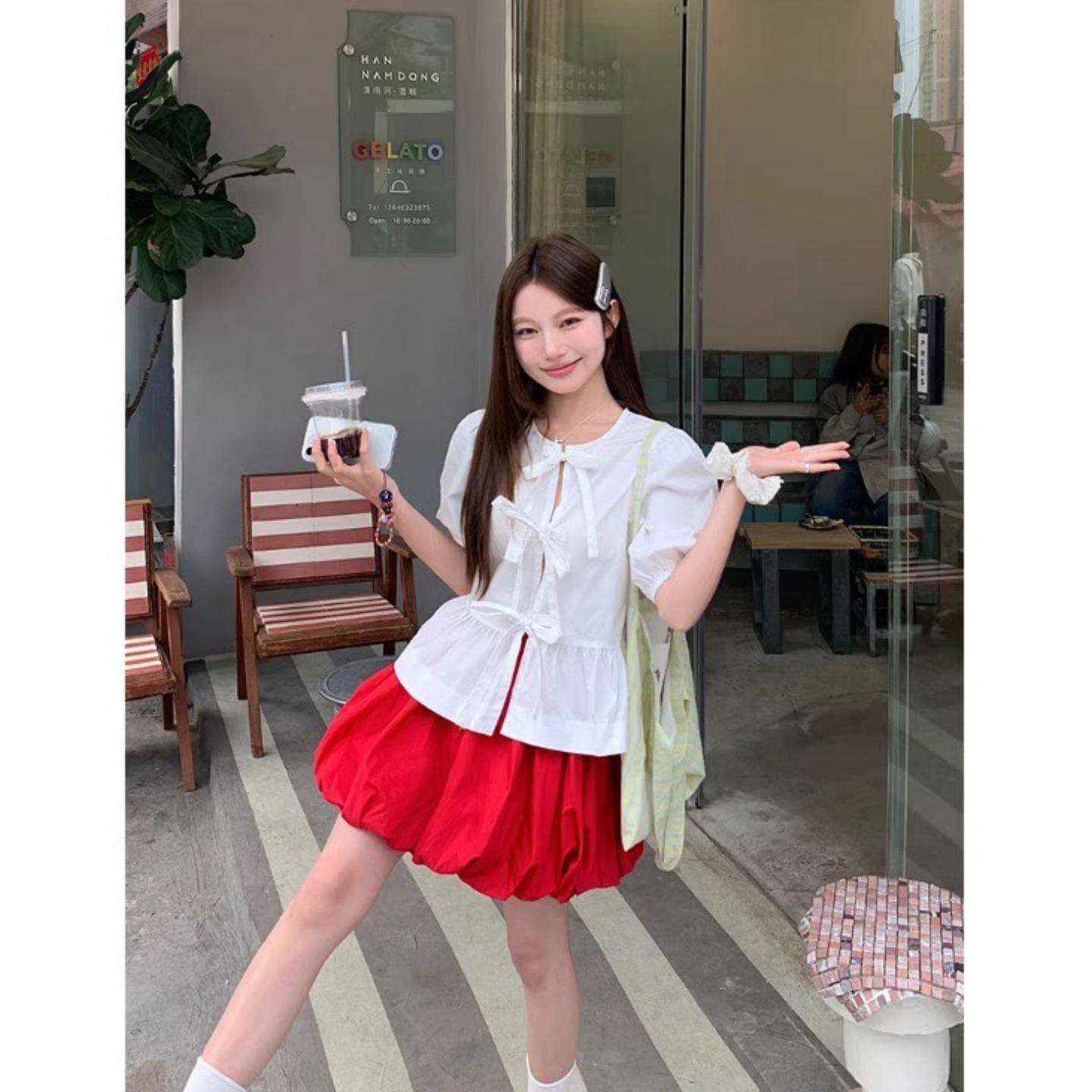 Women s Plus Size High Waist Red Pleated Puffball Skirt - Autumn Lantern Style 2XL красный