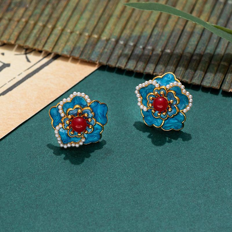 Enamel Floral Pearl Stud Earrings, Classic Vintage Style