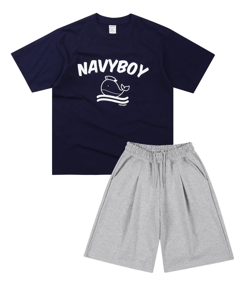 PAPERBOY [Set] Navy Boy Short Sleeve Half Pants Set-White Melange