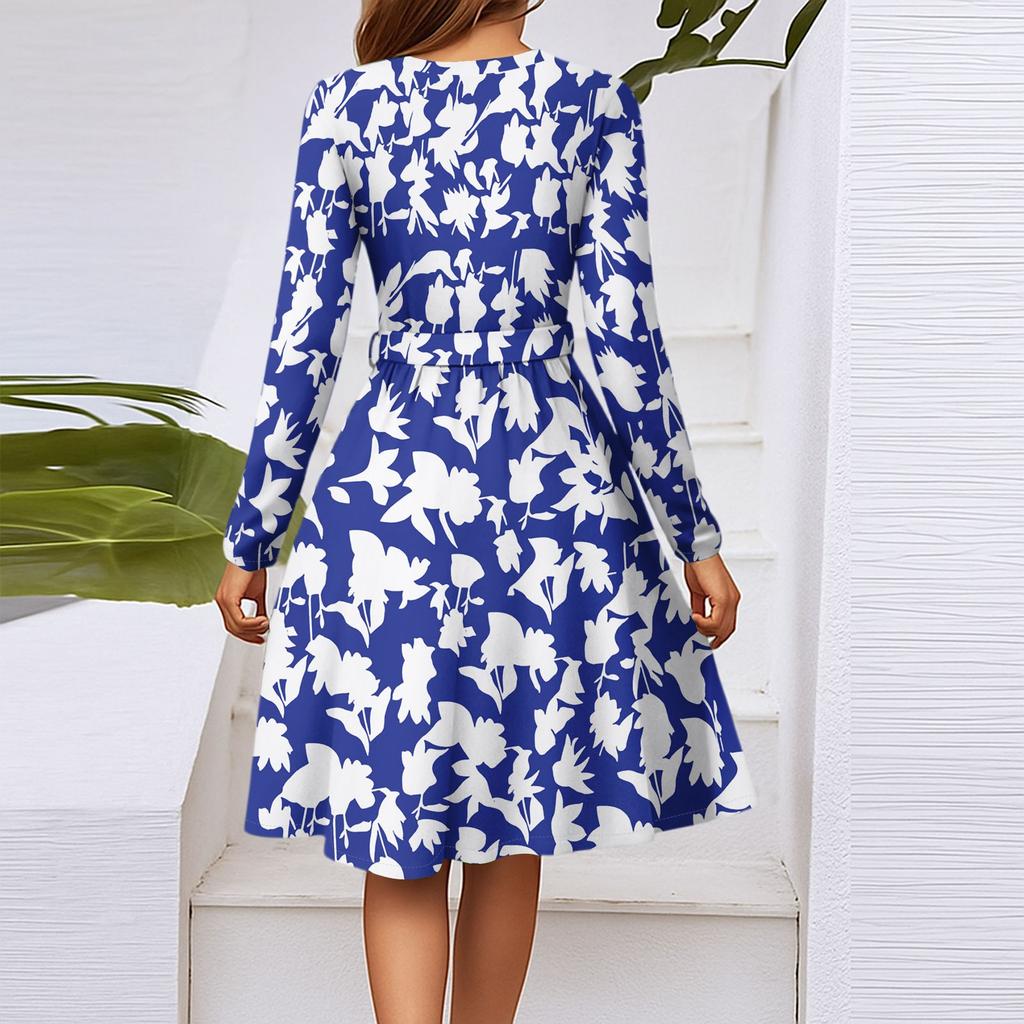 Women's Fashion Casual V-Neck Long Sleeve Waist Floral Print Midi Dress