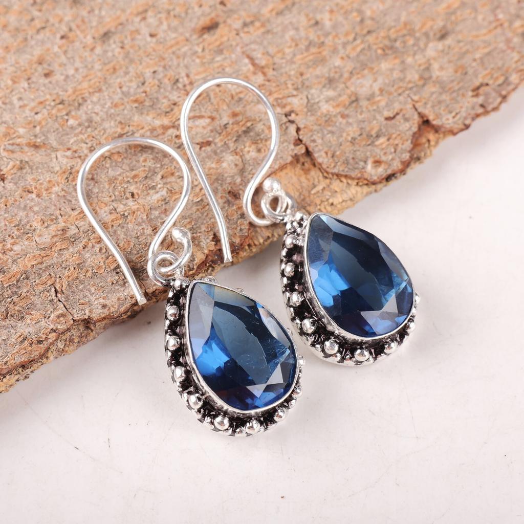 London Blue Topaz Gemstone 925 Sterling Silver Handmade Drop/Dangle Earrings EE-97-10