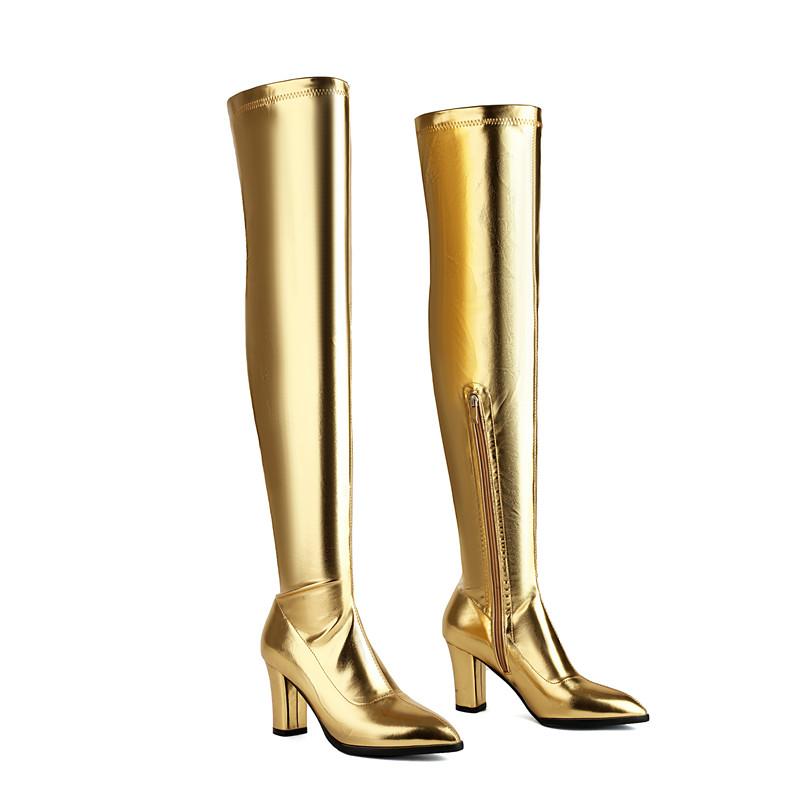 

Женские сапоги на высоком каблуке, сексуальные сапоги на толстом каблуке в европейском и американском стиле, осенние и зимние новые сапоги больших размеров 48 золотой