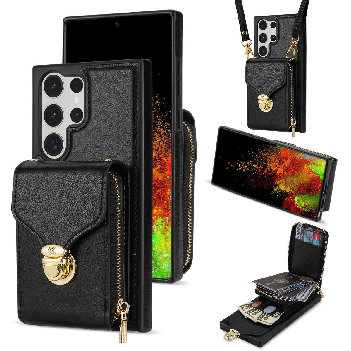 

For Samsung Galaxy S25 Ultra Case Zipper Wallet Leather+TPU Phone Cover with Strap Black