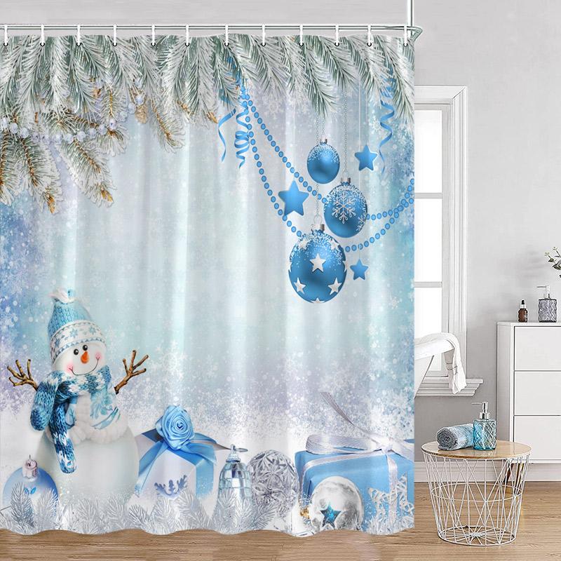 Blue Snowman Shower Curtain Fir Branch Xmas Ball Gift Snowflake Winter Christmas Bath Curtain Set Home Bathroom Decor with Hoo