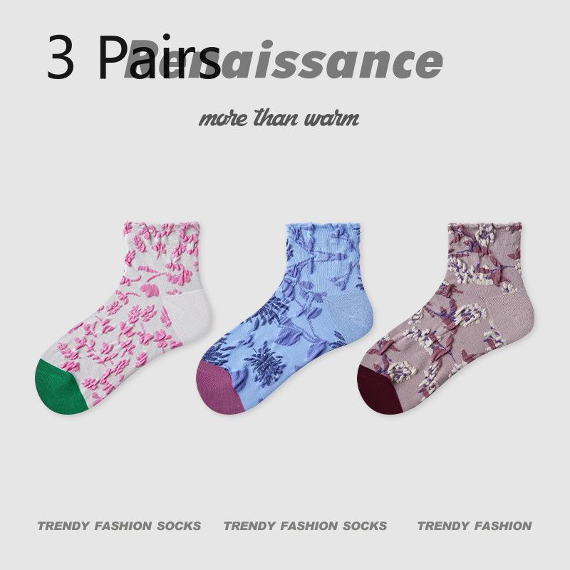 3 Pairs of Women's Summer Thin Geometric Design Breathable Stripe Low Top Socks