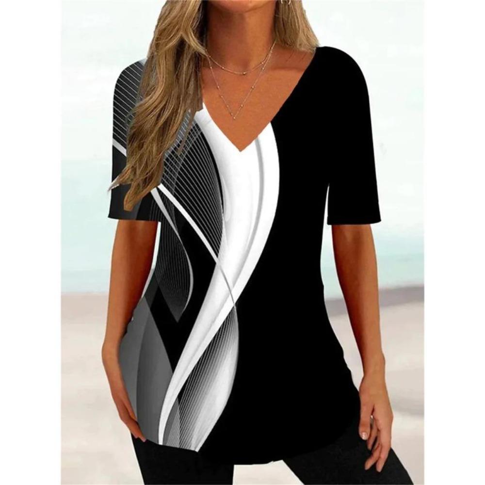 Mode Einfache Wellenkurve 3D-Druck T-Shirts Damen V-Ausschnitt Kurzarm T-Shirt Y2k Harajuku T-Shirts Lässige Tops Damenbekleidung