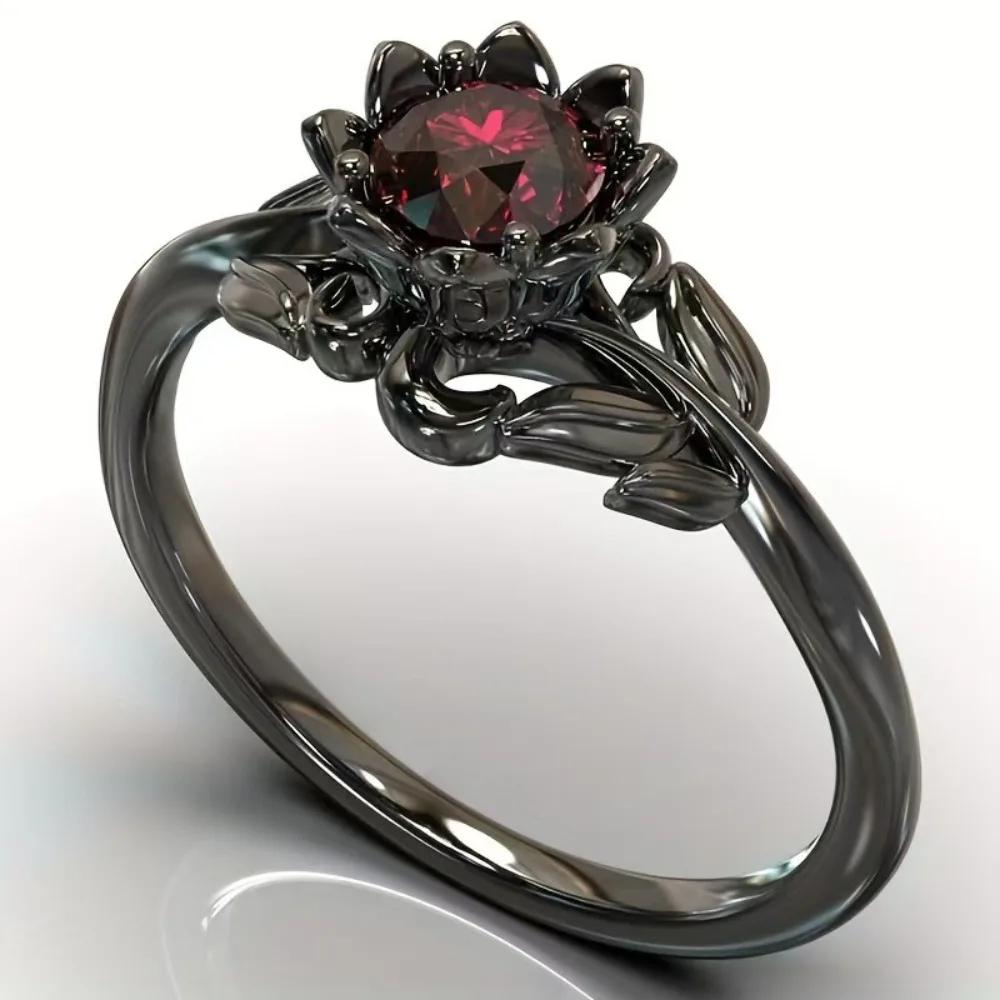 Gothic Lotus Flower Ring Black Gold Tone Red Zircon Solitaire Rings Vintage Floral Statement Jewelry for Women Halloween Gifts