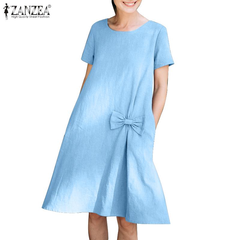 

ZANZEA Женское повседневное свободное летнее платье с коротким рукавом и круглым вырезом с бантом