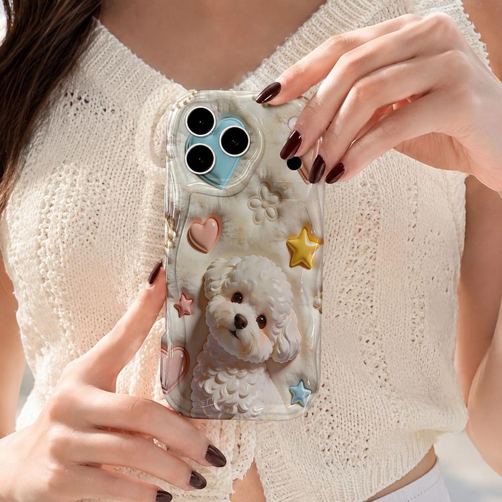 White Bichon Frise Heart Star Phone Case For iPhone 16 15 14 Pro Max 13 12 11 Wavy Edge Soft Cover