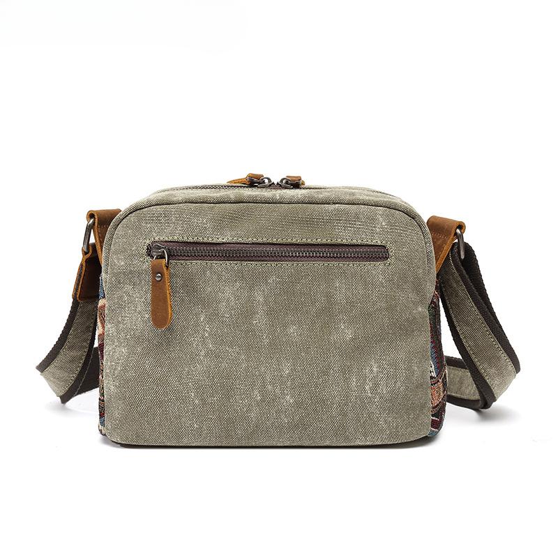 Skew Bag Damen Canvas Ethno-Stil mit Crazy Horse Leder Schultertasche Slant Bag