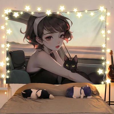 Anime Girl And Cat Healing Scenery Tapestry Wall Hanging Decorative Fabric for Room Headboard And Background Decoration