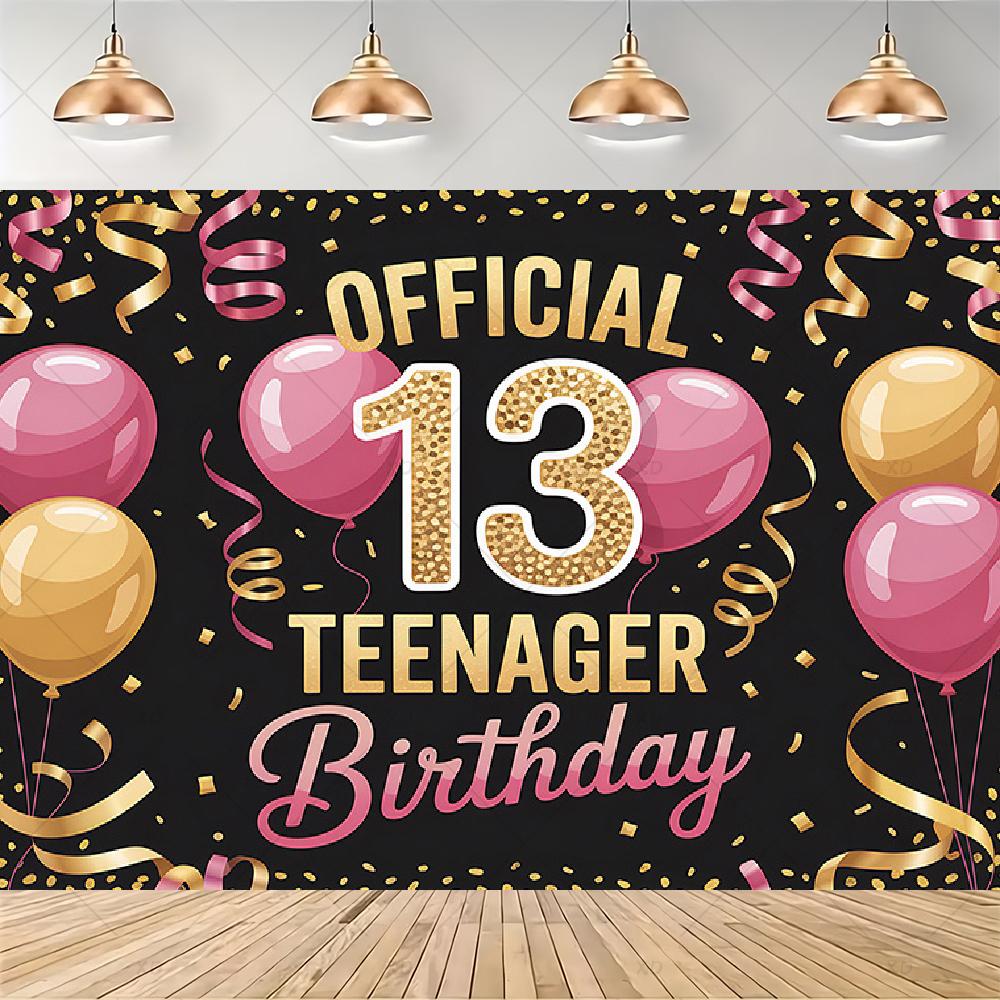 Party decorations for a 13th birthday, official backdrop for a teenager, black and purple balloon background, photo banner for...4527