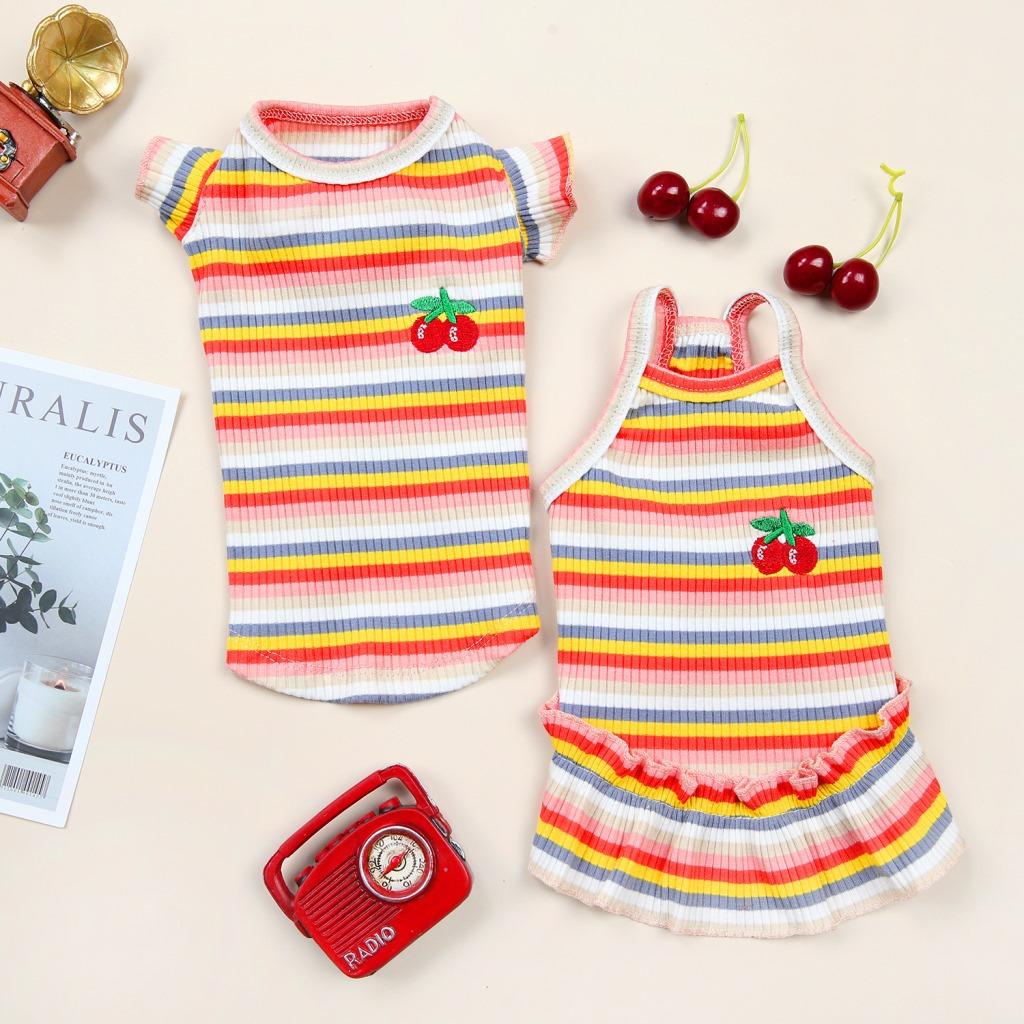 Dog Clothes Summer Thin Small Dog Teddy Princess Dress Suspender Bichon Frize Cat Color Strip Embroidered Cherry