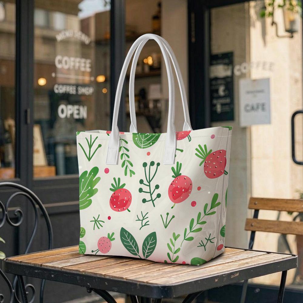 Cute Strawberry Pattern Tote Bag for Daily Shopping Travel Lightweight Portable Women Casual Handbag