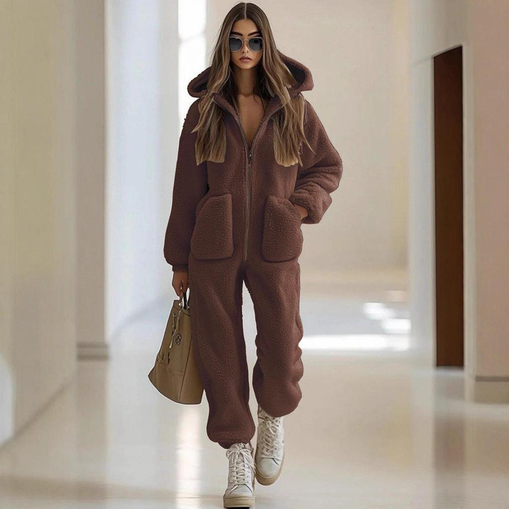2025 Autumn/Winter Women's Hooded Plush Jumpsuit with Pockets