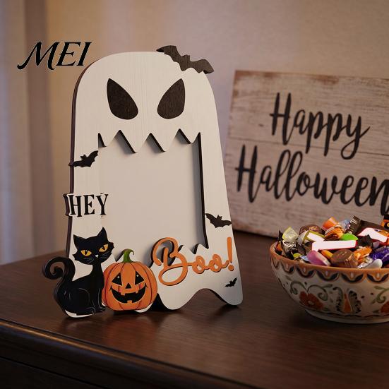 Double Sided Wooden Photo Holder Halloween Frame, Pumpkin Ghost Cat Cutout Picture Shape Ornament Holder, Double-sided Holiday Tabletop Decor for Home