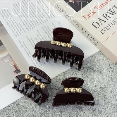 Luxurious Textured Black Pearl Acetate Hair Clip - Elegant High-End Claw for Stylish Look