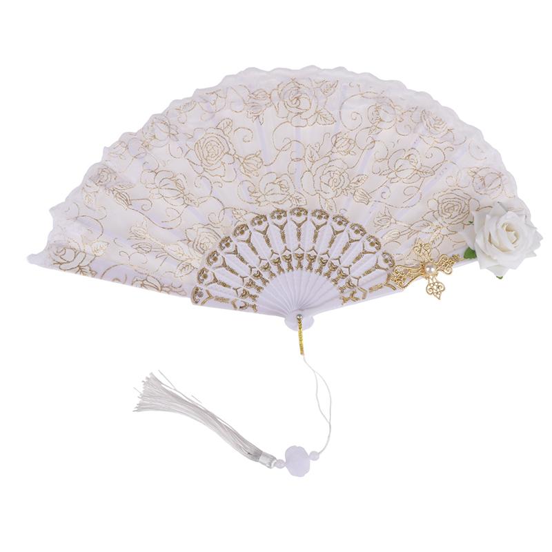Ladies Lace Hand Fan Black White Cloth Folding Fans With Tassels Ancient-Style Dance Folding Hand Fan For Wedding Party Favor