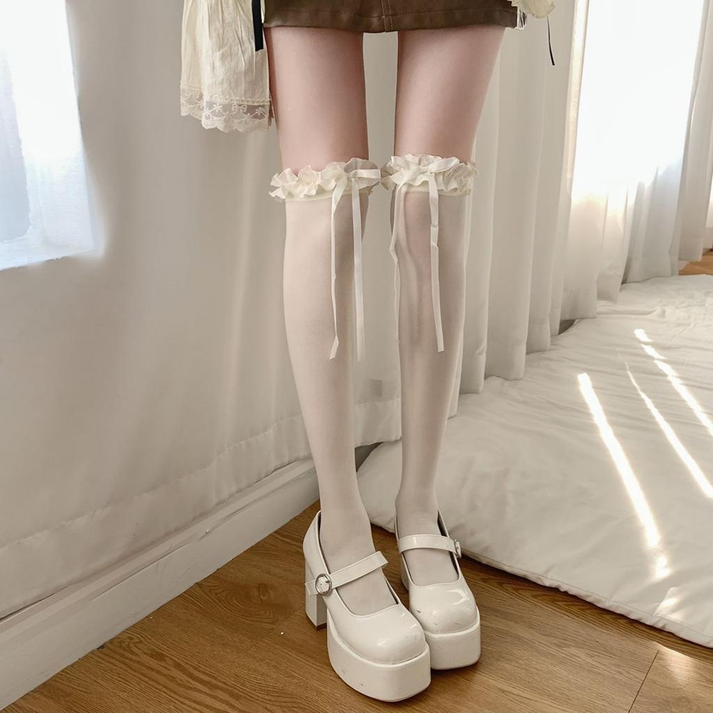 Japanese Velvet Knee Socks Spring and Summer Thin Lace Hold-Ups Pure Desire Wind Long Tube GirlJKUniform Lace Butterfly