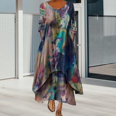 Yousheng Layered Boho Dresses for Women Summer Floral Irregular Hem Maxi Dress Long Sleeve V-Neck Flowy Plus Size A-Line Dress