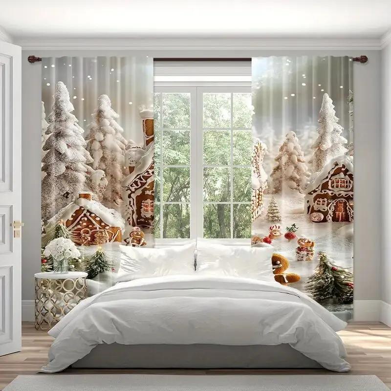Christmas Curtains Holiday Snow Scene Gingerbread Man Printed Home Decorations Room Curtain Set Of 2 Made Polyester Washable