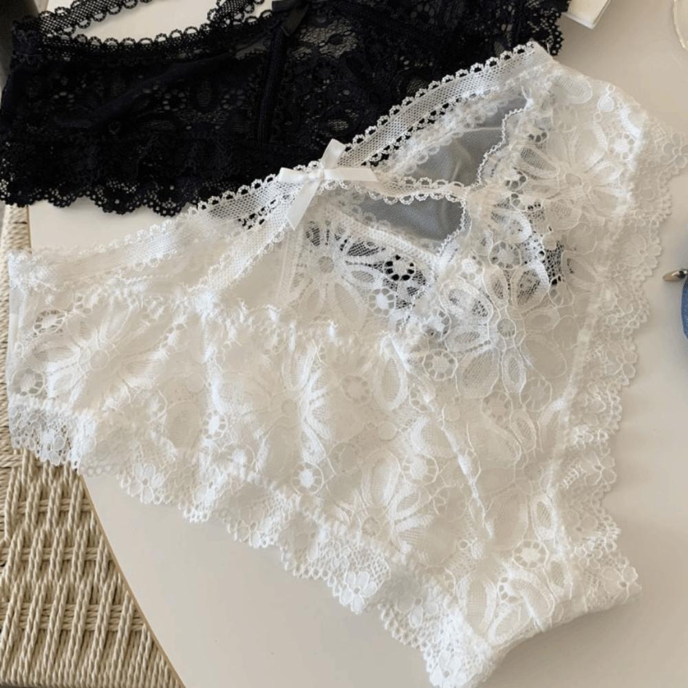 Fashion Bow Lace Flower Panties Low Waist Hollow Lace Mesh Briefs Transparent French Style Briefs Gifts