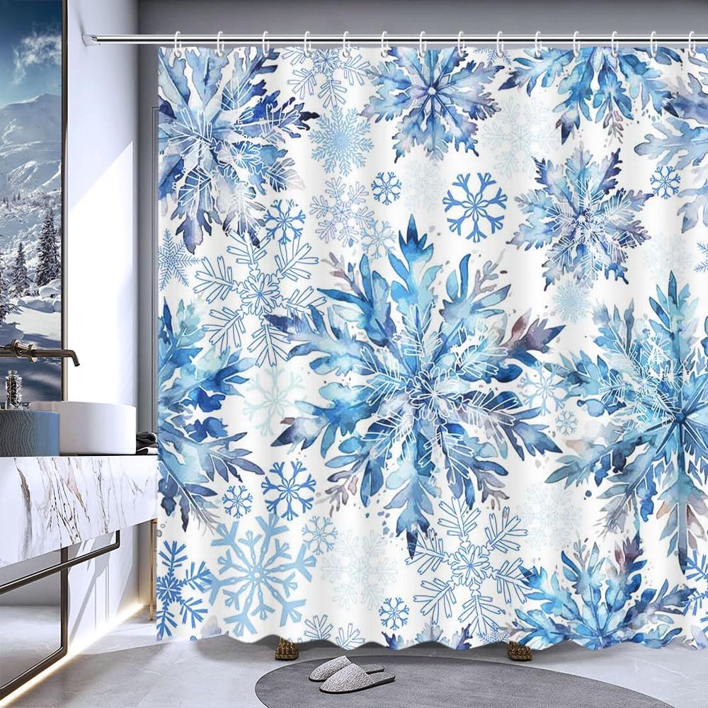 Christmas Snowflake Shower Curtain Winter Shower Curtain For Bathroom Blue Ice Crystal Snowflake Bathroom Decor Winter Holiday