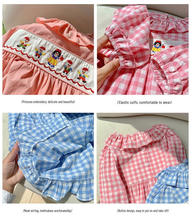 Princess Cartoon Embroidered Plaid Dress with Lotus Leaf Collar for Girls - Autumn 2026 Collection