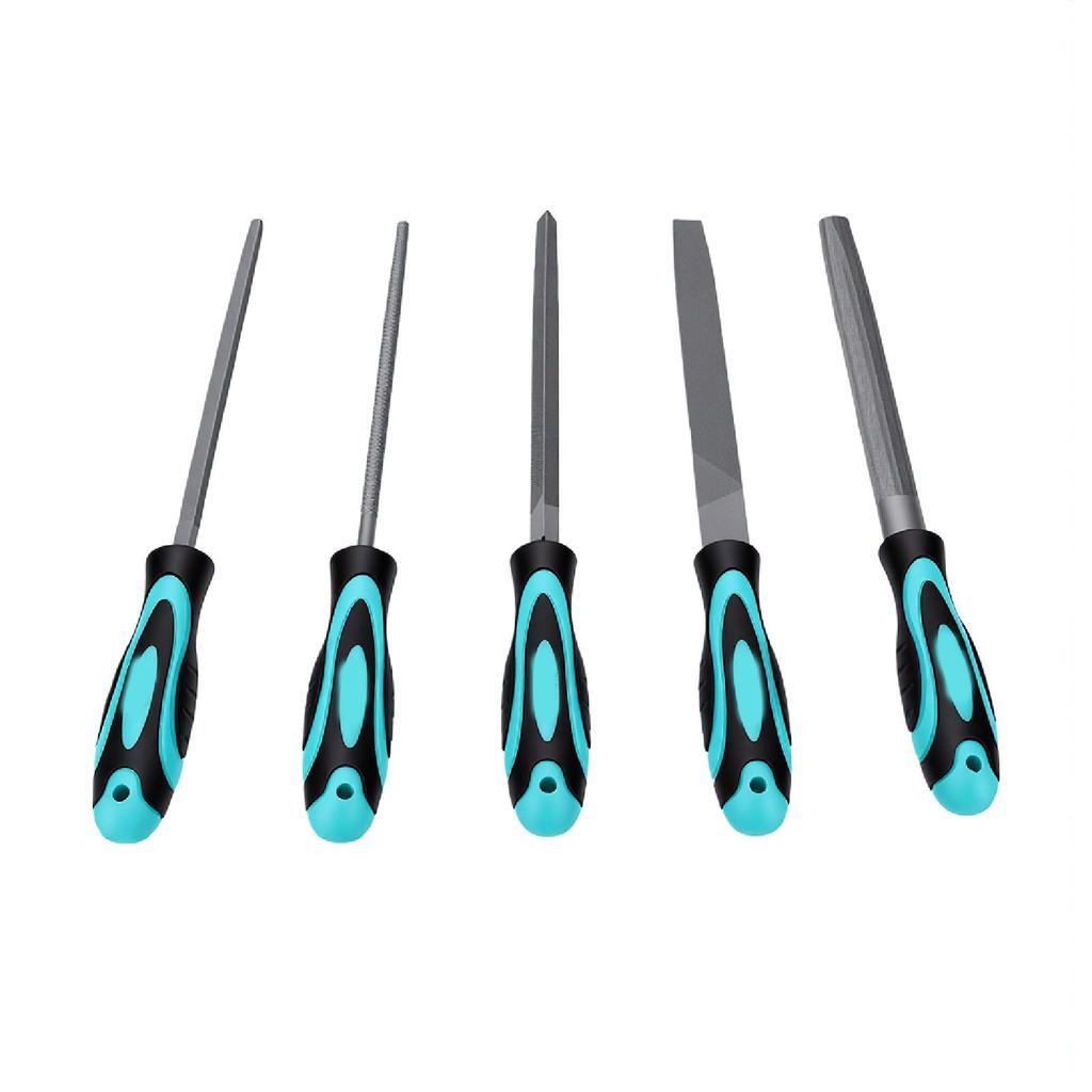 5 Pcs File Set Flat Round Half Round Triangle Square Files with Rubber Grip Handle for Woodworking Metalworking