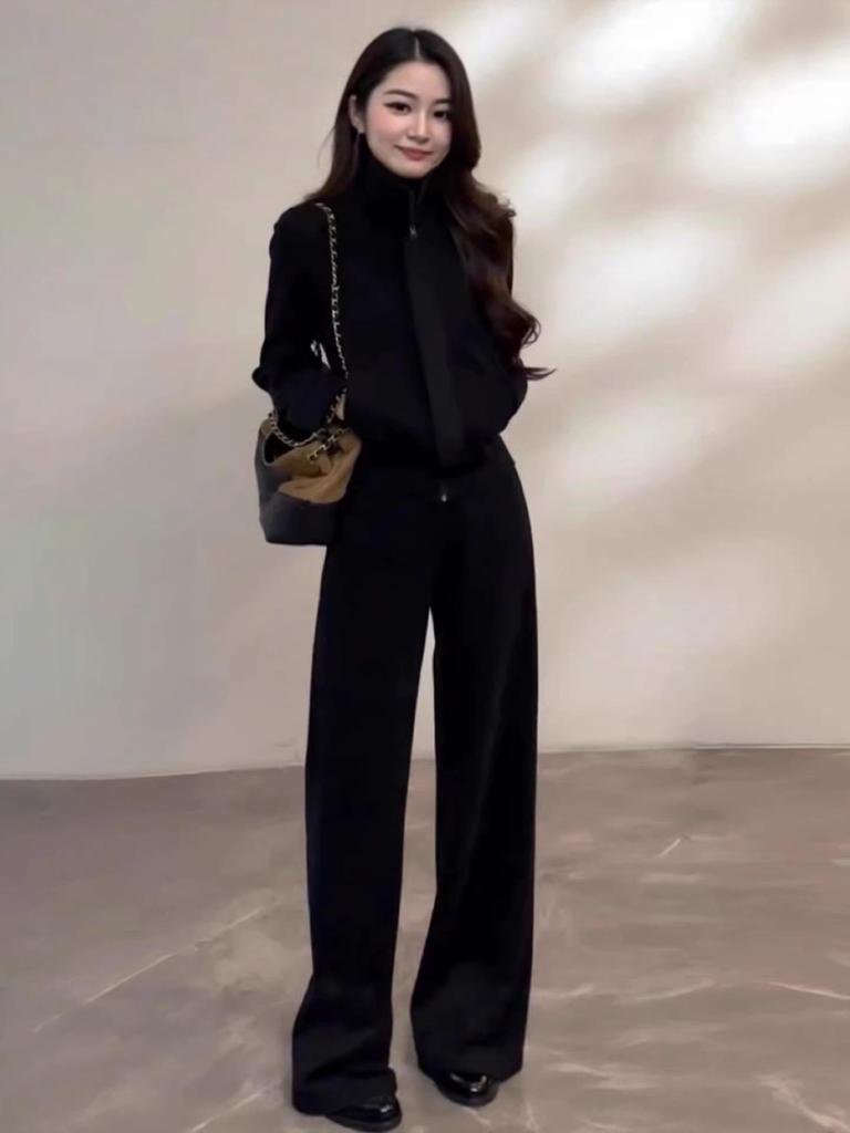 Women's Trendy Korean Style Casual Sports Suit: Plush Stand Collar Jacket & Wide-Leg Pants Two-Piece Set for Spring/Autumn 2026.
