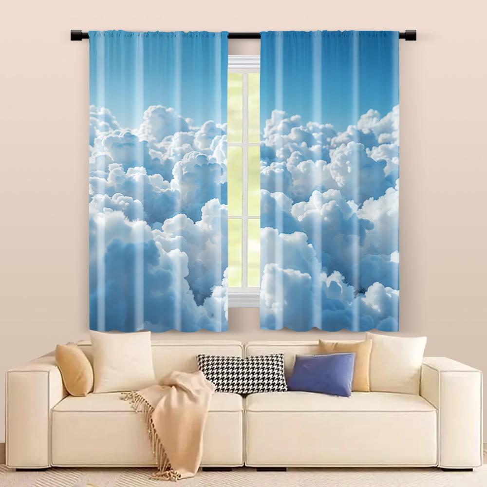 2 Pcs   Filtering Curtains (excluding Rods   Non-movable   Without Batteries) Blue Sky & White Clouds for Use In Bedrooms and