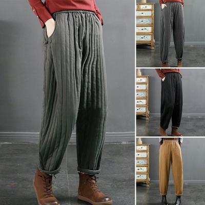 Women Casual Pants Elastic High Waist Loose Fit Thickened Sweatpants with Pockets Solid Color Casual Trousers