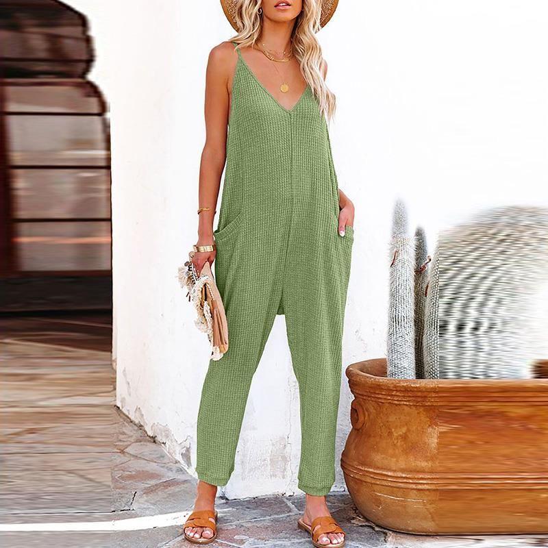American Shiying Solid V-neck Sling Jumpsuit Women 2025 Summer New High Waist Straight Jumpsuit Women