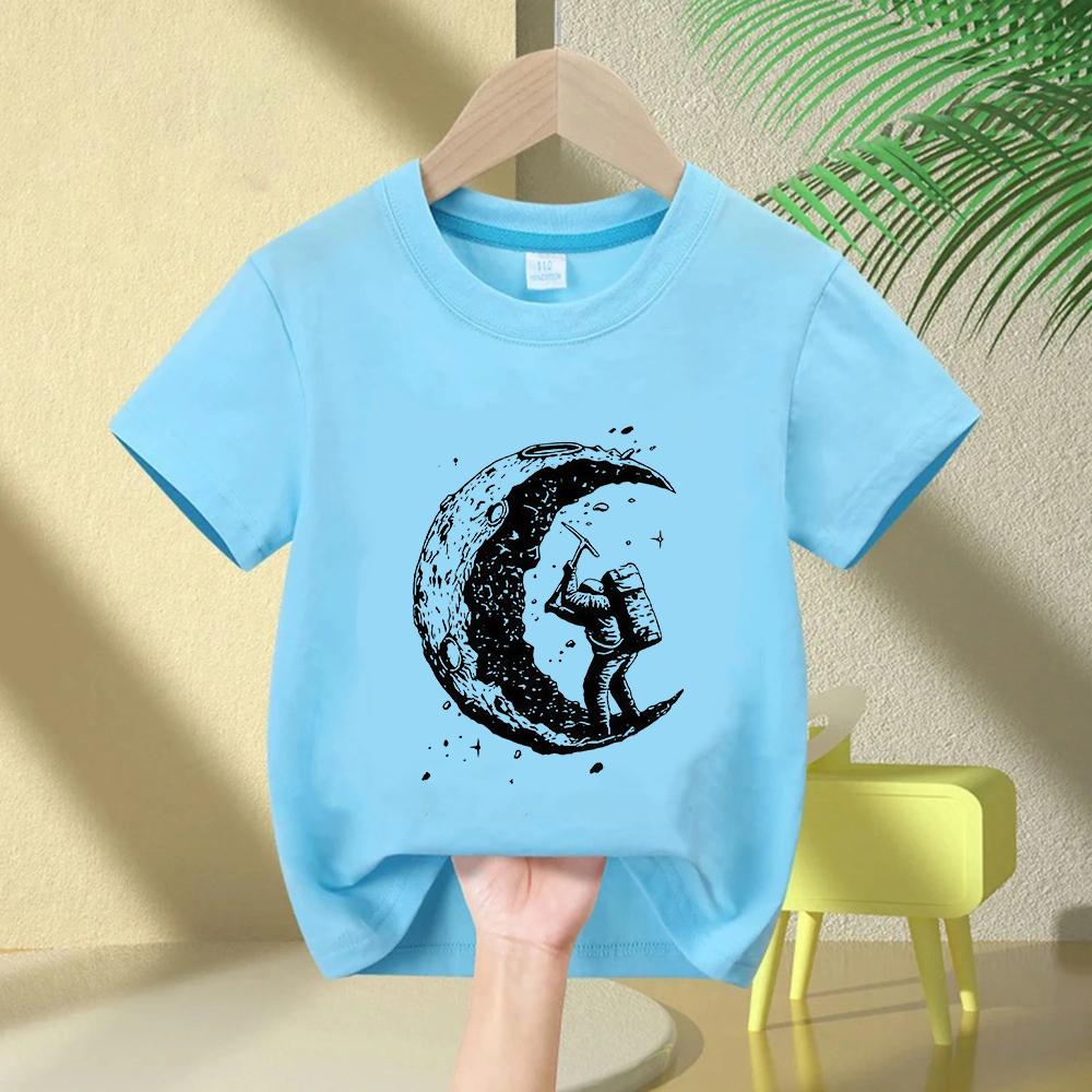Kids 100 Cotton Moon Print Casual Summer Cool Short Sleeve Boys and Girls Tshirt Tee Tops